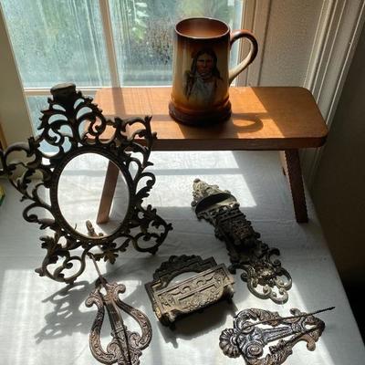 Lot# 865 Antique metal decorative items with wooden stool and Indian mug