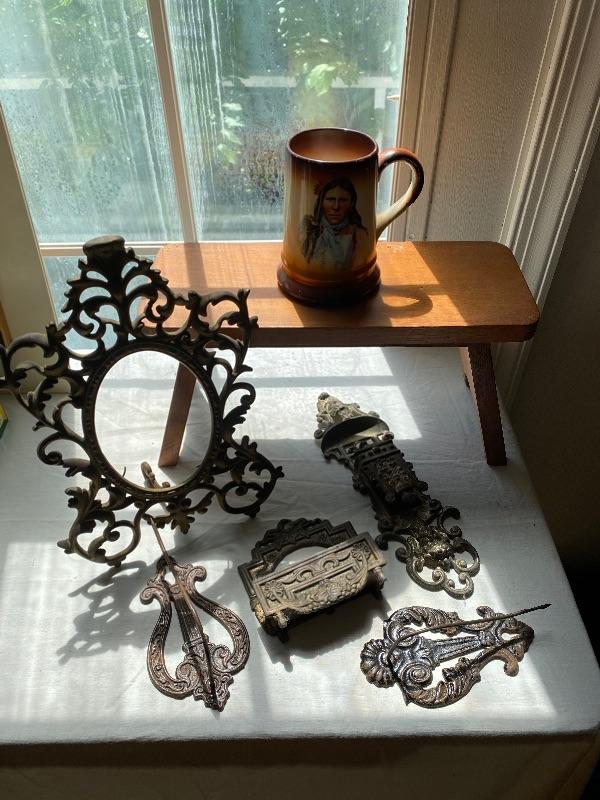 Lot 865 Antique metal decorative items with wooden stool and Indian