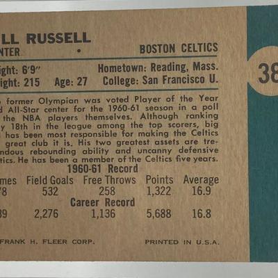 A73: Bill Russell 1961 Fleer Basketball Card #38