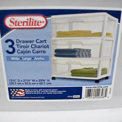 Sterilite 3 Drawer Cart, Wide, Clear & White. No casters