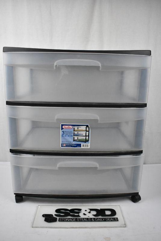 Sterilite 3 Drawer Cart, Wide, Clear & Black with Casters