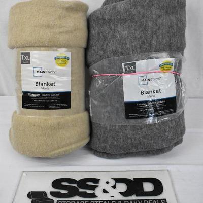 2 Fleece Blankets, 1 Tan, 1 Gray, Mainstays TwinXL - New