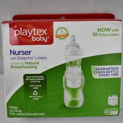 Playtex Baby Nurser with Drop-In Liners: 3 Bottles (4 oz each) & 15 liners - New
