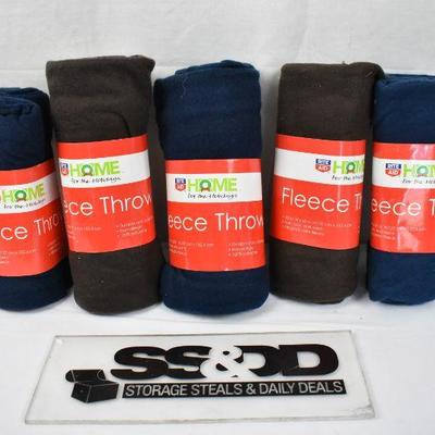 Qty 5 Fleece Throw Blankets (3 Navy 2 Brown) 5-