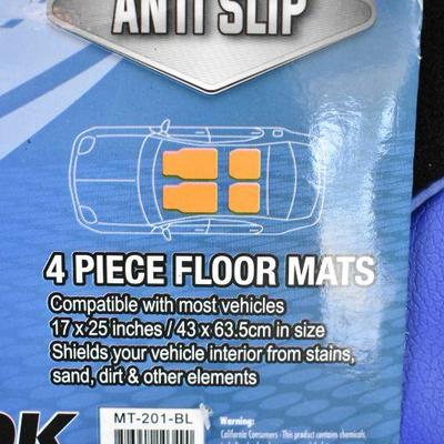 4 piece Auto Floor Mats, Blue & Black, Anti Slip, by BDK - New