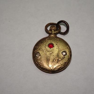 Victorian Oval Charm, Faux Ruby & Diamonds, Gold Tone 
