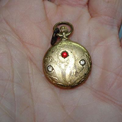 Victorian Oval Charm, Faux Ruby & Diamonds, Gold Tone 