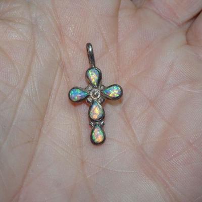 Vintage Sterling Silver Opal Cross, Child's Cross, Religious Icon 