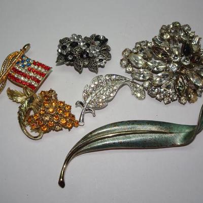 Vintage Brooch Lot, USA Flag, Grapes, Leaves and more!