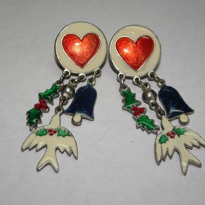 Vintage Christmas Dangle Earrings, Holy Spirit, Dove, Bells, Holly Berry, Heart 