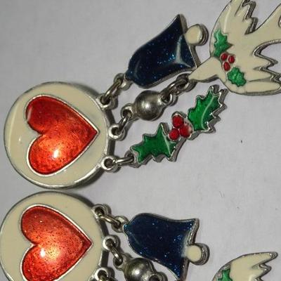 Vintage Christmas Dangle Earrings, Holy Spirit, Dove, Bells, Holly Berry, Heart 