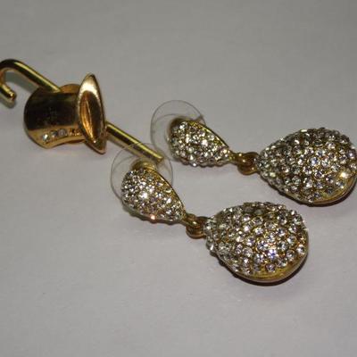 Gold Tone Rhinestone Dangle Tear Drop Earrings and New Years Eve Top Hat & Cane Pin 