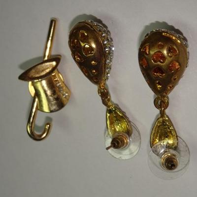 Gold Tone Rhinestone Dangle Tear Drop Earrings and New Years Eve Top Hat & Cane Pin 