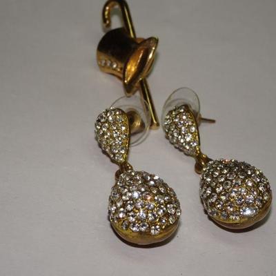 Gold Tone Rhinestone Dangle Tear Drop Earrings and New Years Eve Top Hat & Cane Pin 