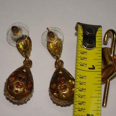 Gold Tone Rhinestone Dangle Tear Drop Earrings and New Years Eve Top Hat & Cane Pin 