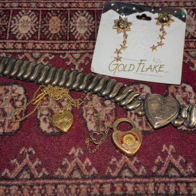 Gold Filled, Gold Tone Jewelry Lot, Key & Heart Fraternal Locket, Heart Bracelet, 14K GF Gold Flake Earrings, Gold Done Heart Necklace