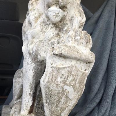 Antique Concrete Lion Statue Great Weathered Patina Shield Solid Heavy