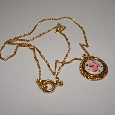 Sweet Porcelain Rose Pendant, Childs Necklace Pink Rose Pendant 