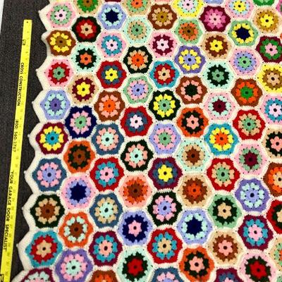 Vintage Crochet Colorful Granny Hexagon Flower Afghan Throw Blanket