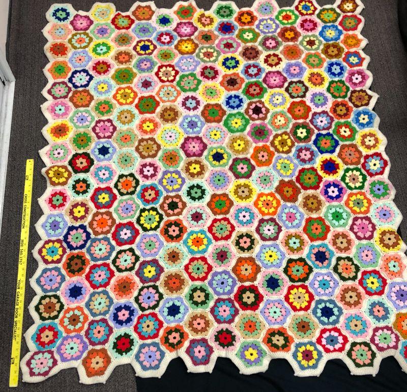 Vintage Crochet Colorful Granny Hexagon Flower Afghan Throw