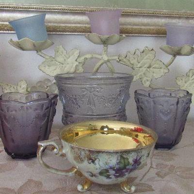 Lot 14- Large 5 painted medal candle holder w/purple accent glass 