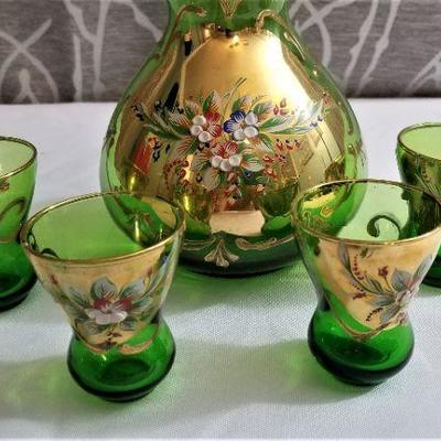 Lot #8  Vintage Bohemian glass Decanter and 4 matching glasses