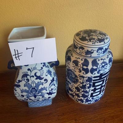 LOT 7 BLUE AND WHITE GINGER JAR AND VASE