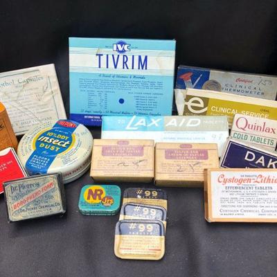 Lot #8: Mixed Vintage Lot Pharmaceutical and Household Boxes/ Tins