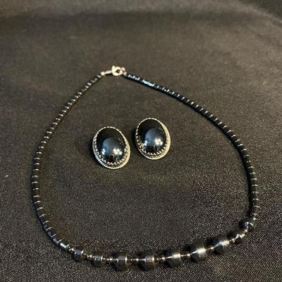 Hematite Choker Style Necklace & Clip Earrings