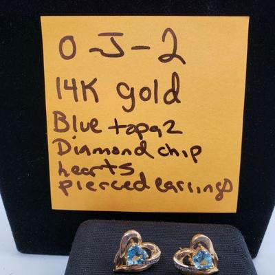 J2: 14k gold blue topaz heart earrings