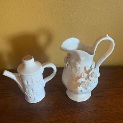 LOT 9 WHITE PITCHER AND OIL JAR