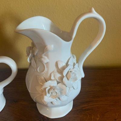 LOT 9 WHITE PITCHER AND OIL JAR