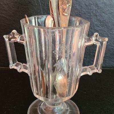 K35: Vintage Glass Creamer/Sugar Childrens Spoons Gerber, Disney