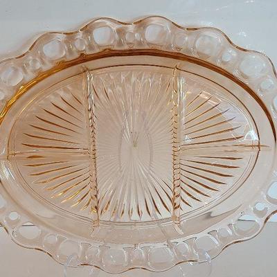 K37: Pink Depression Glass Cake Plate/ Divided Platter