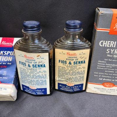 Lot #25: Vintage Lot of 2 Art Deco Medicine Bottles and Vintage Boxed Pharmaceuticals