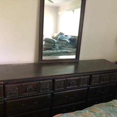 Vintage Dark Wood Long Dresser with Mirror