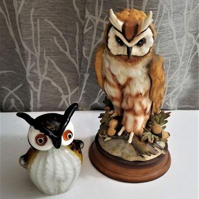 Lot #34  Two Owl Figurines - one blown Glass, one bisque porcelain