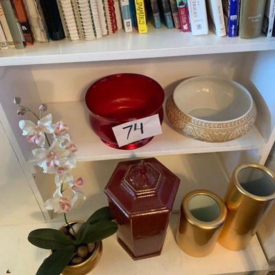 Lot 74 gold vases, red jar, planters