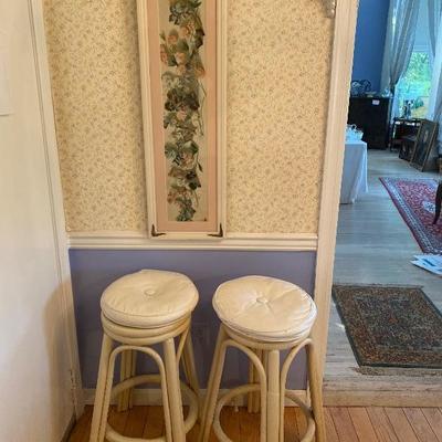 Lot # 1009 pair of white stools with Art 