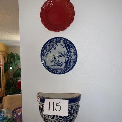 Lot 115 wall planter, red plate, blue and white plate 