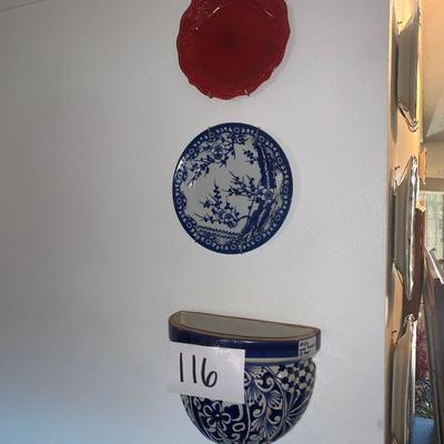  Lot 116 wall planter, red plate, blue and white plate 