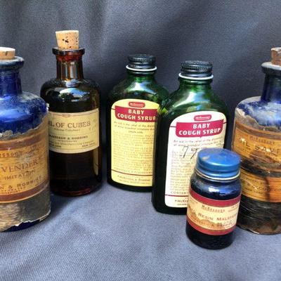 Lot #32; Vintage Lot of Mixed Blue, Amber and Green Medicine Pharmaceutical BottlesLot #32;