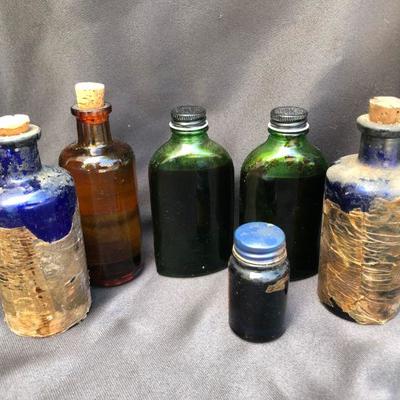 Lot #32; Vintage Lot of Mixed Blue, Amber and Green Medicine Pharmaceutical BottlesLot #32;