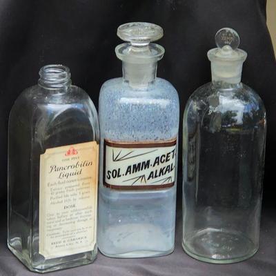 Lot #38: 3 Vintage Clear Large Glass Pharmaceutical Bottles