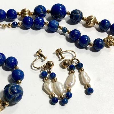 Lot #50: 14k GF Lapis Beads and Pearl Necklace with Earrings