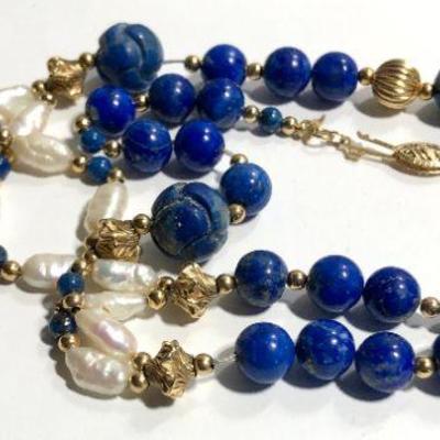Lot #50: 14k GF Lapis Beads and Pearl Necklace with Earrings