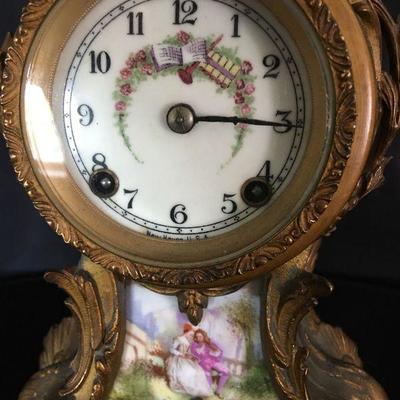 Antique French Mantle Clock w/ Porcelain Scene Lot # 326