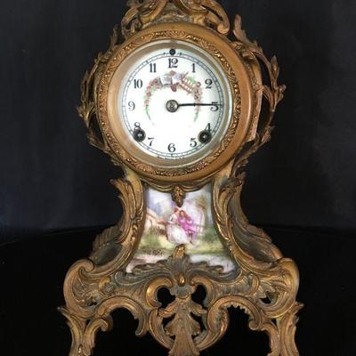 Antique French Mantle Clock w/ Porcelain Scene Lot # 326