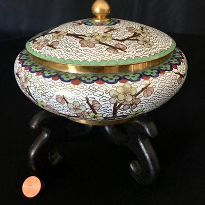 Small White Cloissone Lidded Bowl/ Jar w/ Stand Lot # 337
