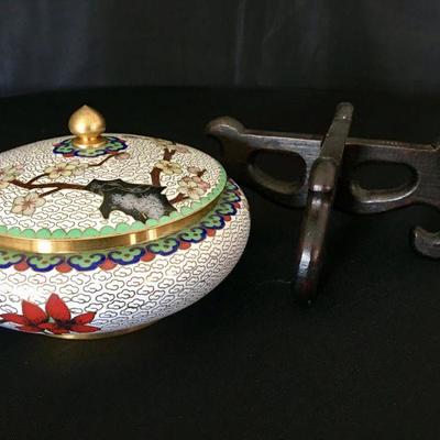 Small White Cloissone Lidded Bowl/ Jar w/ Stand Lot # 337